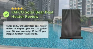 A text graphic titled "FAFCO Solar Bear Pool Heater Review" with a four out of five-star rating. A text box reads: "Hands on FAFCO Solar Bear pool heater review. 9 degree gain on 12K gallon pool, 10 year warranty, 15 to 25 year lifespan. Full test results inside." To the right is a tall, black, ribbed FAFCO solar panel with a red valve at the bottom. The background shows an urban swimming pool surrounded by high-rise buildings.