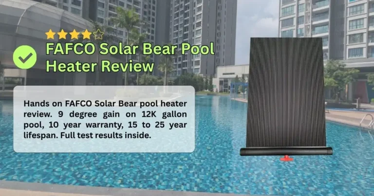 A text graphic titled "FAFCO Solar Bear Pool Heater Review" with a four out of five-star rating. A text box reads: "Hands on FAFCO Solar Bear pool heater review. 9 degree gain on 12K gallon pool, 10 year warranty, 15 to 25 year lifespan. Full test results inside." To the right is a tall, black, ribbed FAFCO solar panel with a red valve at the bottom. The background shows an urban swimming pool surrounded by high-rise buildings.