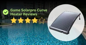 A text graphic titled "Game Solarpro Curve Heater Reviews" positioned next to a green checkmark and a four out of five-star rating. On the right, a white circle shows a black, curved solar panel with ribbed internal channels and adjustable legs. The background is a swimming pool with modern buildings in the distance.