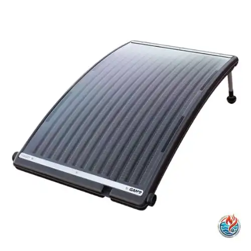 A curved, greenhouse-style solar heater for swimming pools made by GAME. The unit has a transparent, arched top that covers a black heating base, propped up by two metal legs at the rear to face the sun. The logo 'GAME' is visible on a silver strip on the front edge.