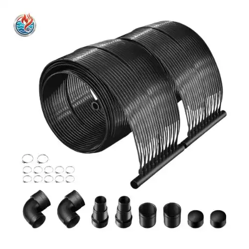 A coiled black Goplus solar pool heater mat displayed with its included installation hardware kit on a white surface.