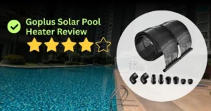 Goplus solar pool heater review banner showing a 4-star rating and a coiled black solar heating mat with installation parts.
