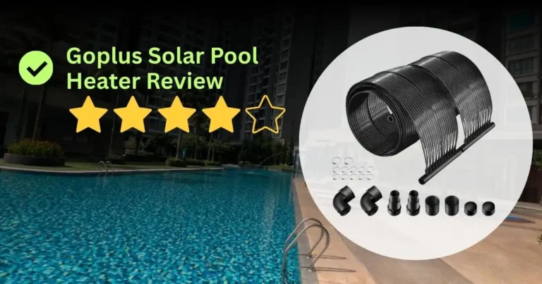 Goplus solar pool heater review banner showing a 4-star rating and a coiled black solar heating mat with installation parts.