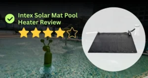 A text graphic titled "Intex Solar Mat Pool Heater Review" with a checkmark and a 4 out of 5 star rating. On the right, a white circle displays a flat black solar pool mat with winding internal tubes connected to a pump. The background shows a swimming pool with water fountains.
