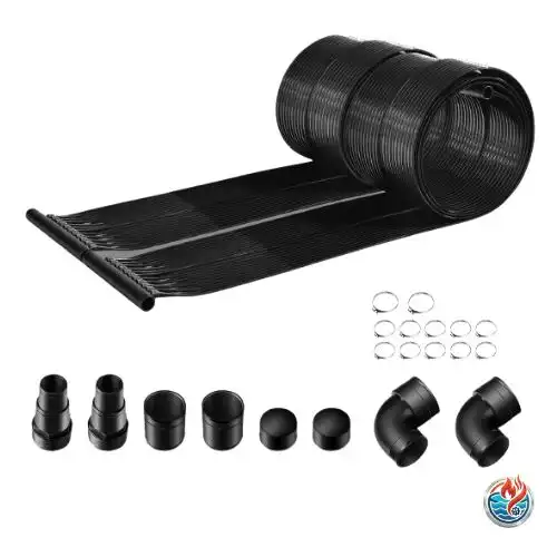 A black solar heating mat, partially unrolled, is shown above a collection of pool installation parts on a white background. These parts include several metal circular clamps, two curved elbow pipe connectors, two threaded adapters, and four small black caps for sealing the system.
