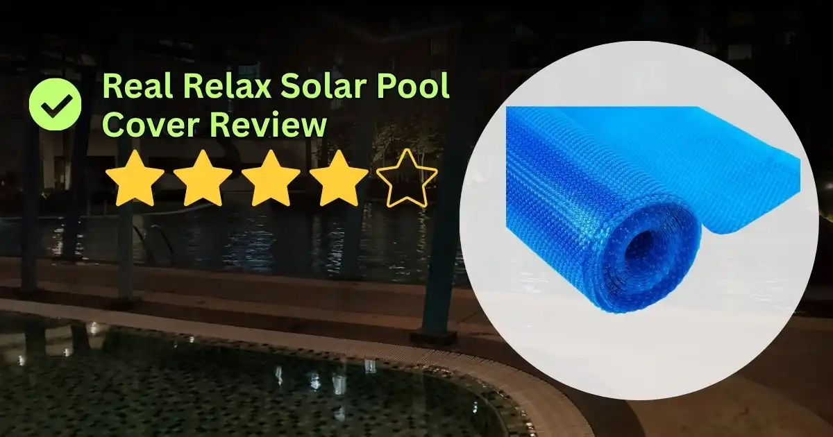 A text graphic titled "Real Relax Solar Pool Cover Review" with a checkmark and a 4 out of 5 star rating. On the right, a white circle displays a bright blue, bubble-textured solar pool cover partially rolled out. The background shows a darkened swimming pool.