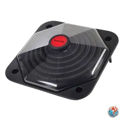 A SunCOIL solar pool heater dome review is shown from an elevated angle on a white background. The device has a square black base with corner holes, and a clear, octagonal-shaped cover that protects a black coiled heating hose inside. The center has a prominent red circular cap with the word "SunCOIL" printed on it.
