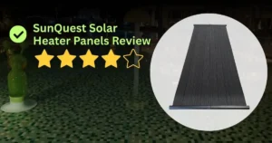 SunQuest solar heater panels review banner with a 4-star rating overlay next to a black solar heating panel product cutout.