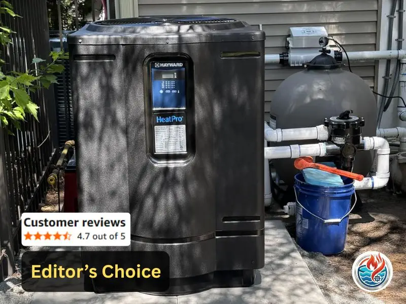 A photo of a black Hayward pool heater unit standing on a concrete pad. Beside it is a grey filter tank with white pipes. A small text box shows a 4.7 out of 5 star rating, and a black box says "Editor's Choice."